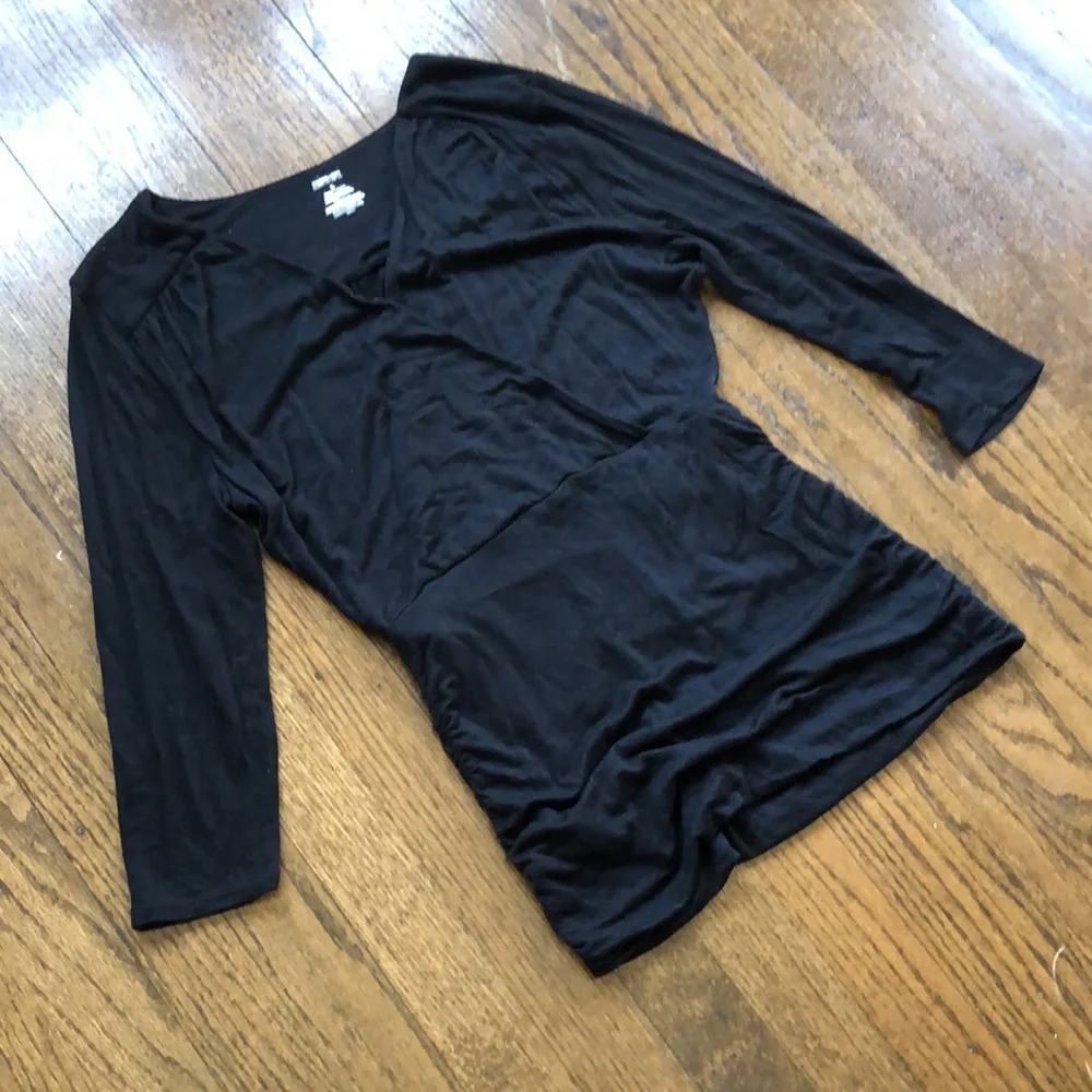 Elegant Black Ruched Seep V-Neck Stretch 3/4 Sleeve Sexy Bodycon Top - Picture 3 of 6
